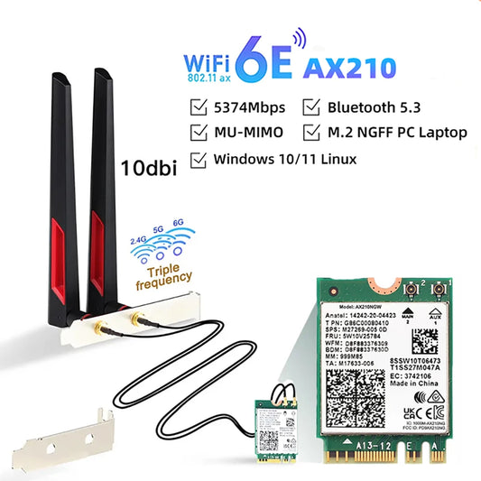 WiFi 6 Card AX210 Bluetooth 5.3  5374Mbps Adapter 2 In 1 Desktop Kit 10DBi Antennas 802.11ax 2.4G/5Ghz/6Ghz For Win 10/11