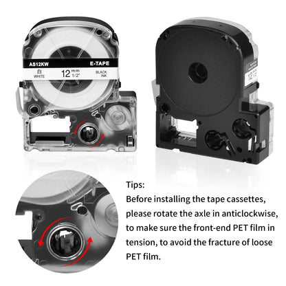 5PK Compatible for Epson 12mm x 8m AS12KW Standard Labels Black on White For LW-400 LW-300 LW-700  LW600P K200BL Label Printer