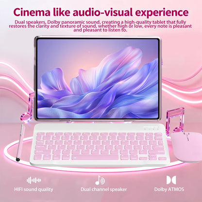 Android 15 10'' Tablet 8+128GB Ultra Slim Lightweight Kids Education Tablet with Full Set Keyboard Mouse Stylus Case Dual Speaker Home Office Tablet