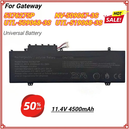 5376275P NV-509067-3S UTL-509068-3S Laptop Battery for Gateway GWTN141 GWTN156 GWNC31514 51416 GWNR71517 5376275P 11.4V 4500mAh
