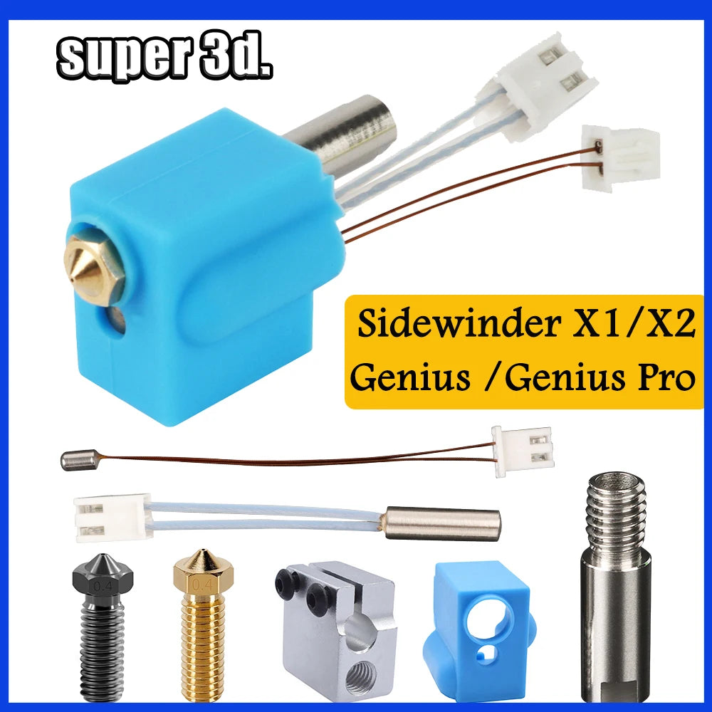 For Artillery Sidewinder X1/X2 Genius Hotend Kit 3D Printer Parts NTC100K Thermistor Heat Tube Heat Block Throat Volcano Nozzle