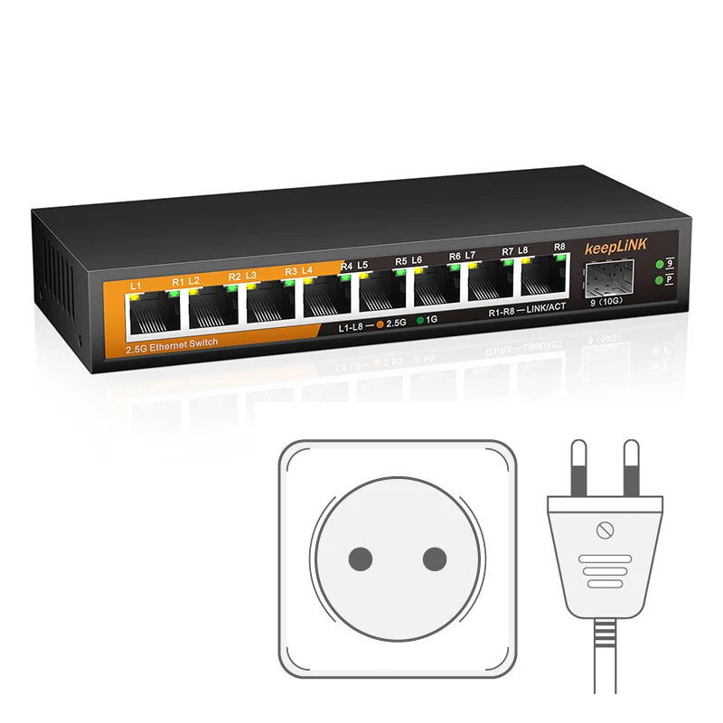 KeepLiNK 9-Port Multi-Gigabit Ethernet Switch Unmanaged 8- Port 2.5G RJ45 1-Port 10G SFP+ Uplink for Network Expansion