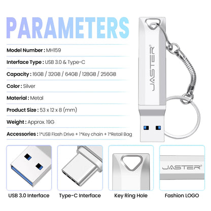 USB 3.0 OTG USB-C Flash Pen Drive Metal Memory Stick Flash Disk 64GB 128GB 256GB USB3.0 Dual C Pendrive TYPE-C Creative Gifts