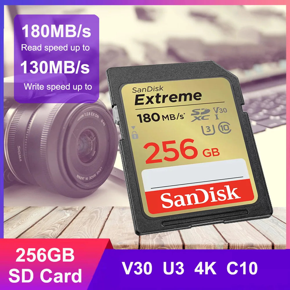 SanDisk Memory Card Extreme SD Card 4K UHD 32GB SDHC 64GB 128GB 256GB SDXC C10 U3 V30 up to 180M/s For 1080p 3D Full HD Camera