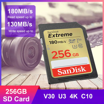 SanDisk Memory Card Extreme SD Card 4K UHD 32GB SDHC 64GB 128GB 256GB SDXC C10 U3 V30 up to 180M/s For 1080p 3D Full HD Camera