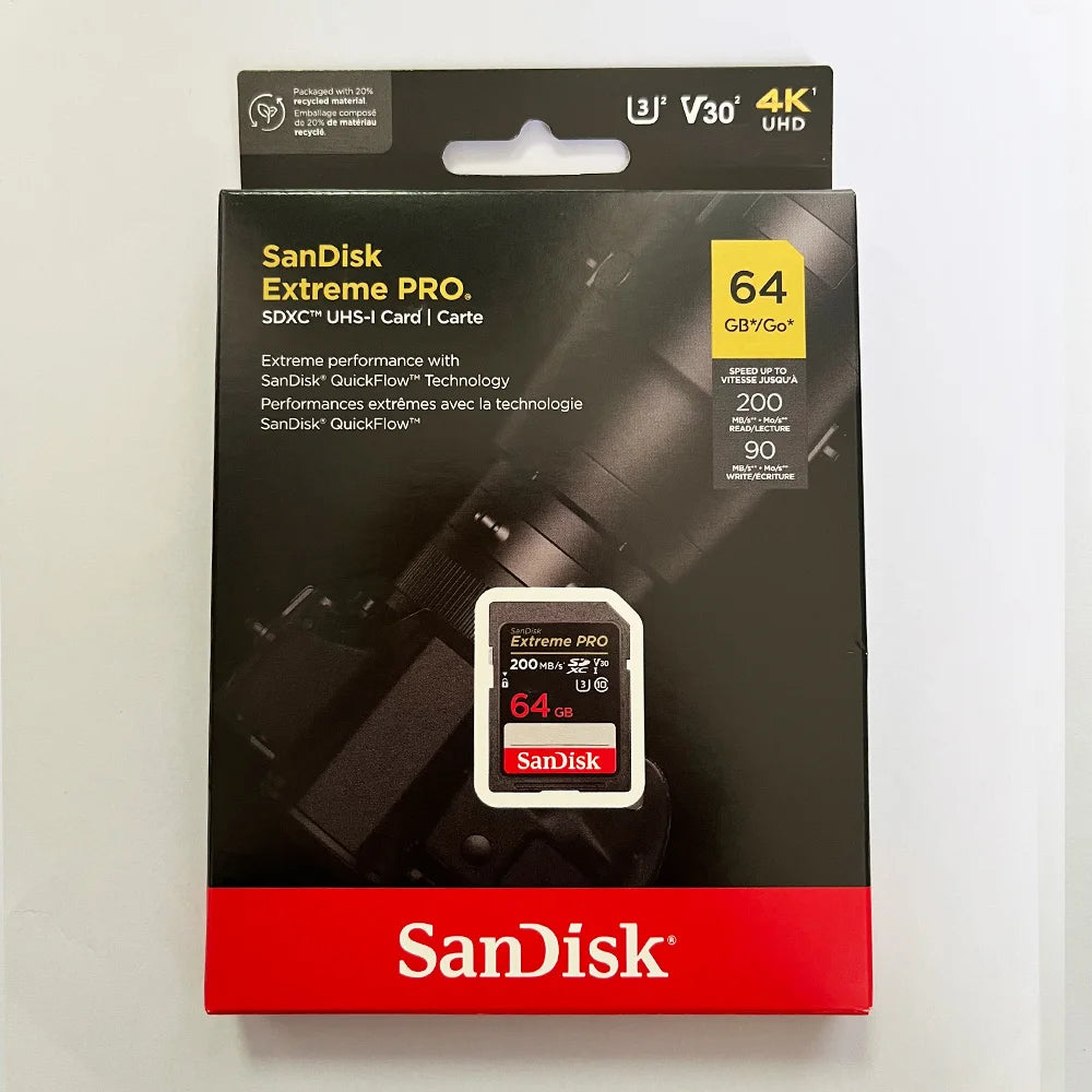 SanDisk Memory Card Extreme SD Card 4K UHD 32GB SDHC 64GB 128GB 256GB SDXC C10 U3 V30 up to 180M/s For 1080p 3D Full HD Camera