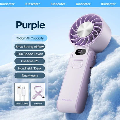 Kinscoter New Cooling Handheld Fan 3600mAh Foldable Portable Fan 100-Level Free Control High Speed Mini Personal Fan With Lanyar