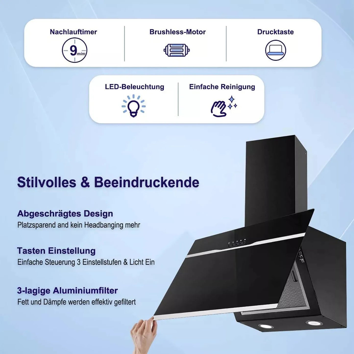 TopStrong Wall Mount 60 cm Stainless steel Easy Clean Filters Black Extractor Hood YYWH4060