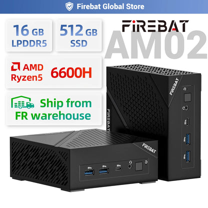 FIREBAT AM02 MINI PC AMD Ryzen 5 6600H LPDDR5 16GB RAM 512GB SSD WIFI6 BT5.2 Dual RJ45 Portable Desktop MINI-PC Computer