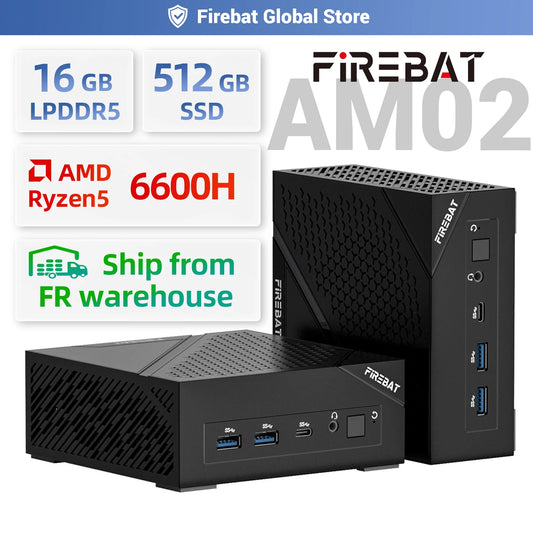 FIREBAT AM02 MINI PC AMD Ryzen 5 6600H LPDDR5 16GB RAM 512GB SSD WIFI6 BT5.2 Dual RJ45 Portable Desktop MINI-PC Computer