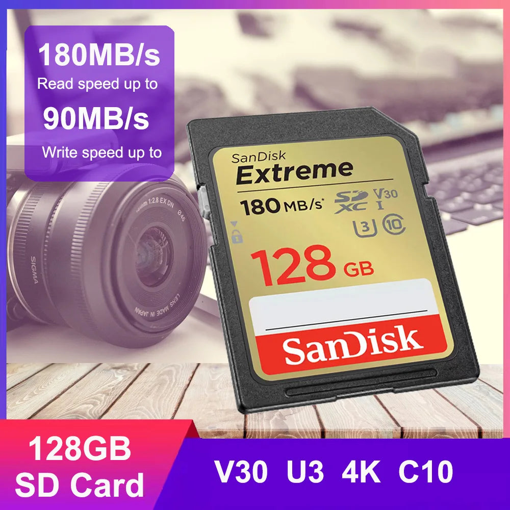 SanDisk Memory Card Extreme SD Card 4K UHD 32GB SDHC 64GB 128GB 256GB SDXC C10 U3 V30 up to 180M/s For 1080p 3D Full HD Camera