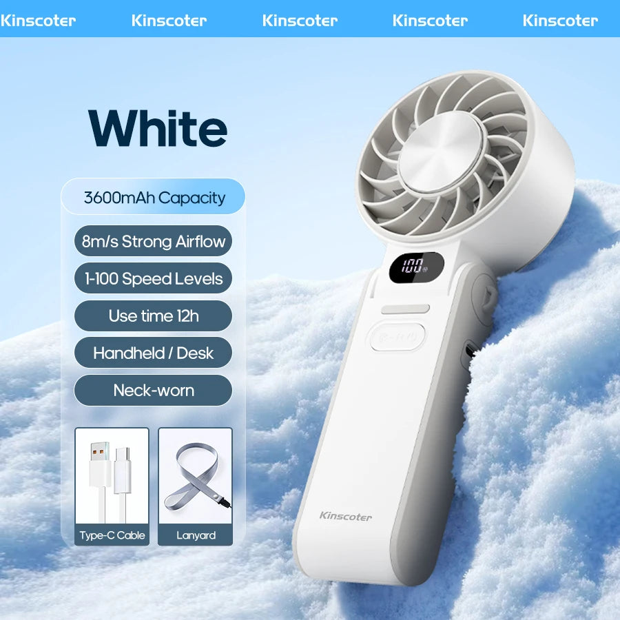 Kinscoter New Cooling Handheld Fan 3600mAh Foldable Portable Fan 100-Level Free Control High Speed Mini Personal Fan With Lanyar