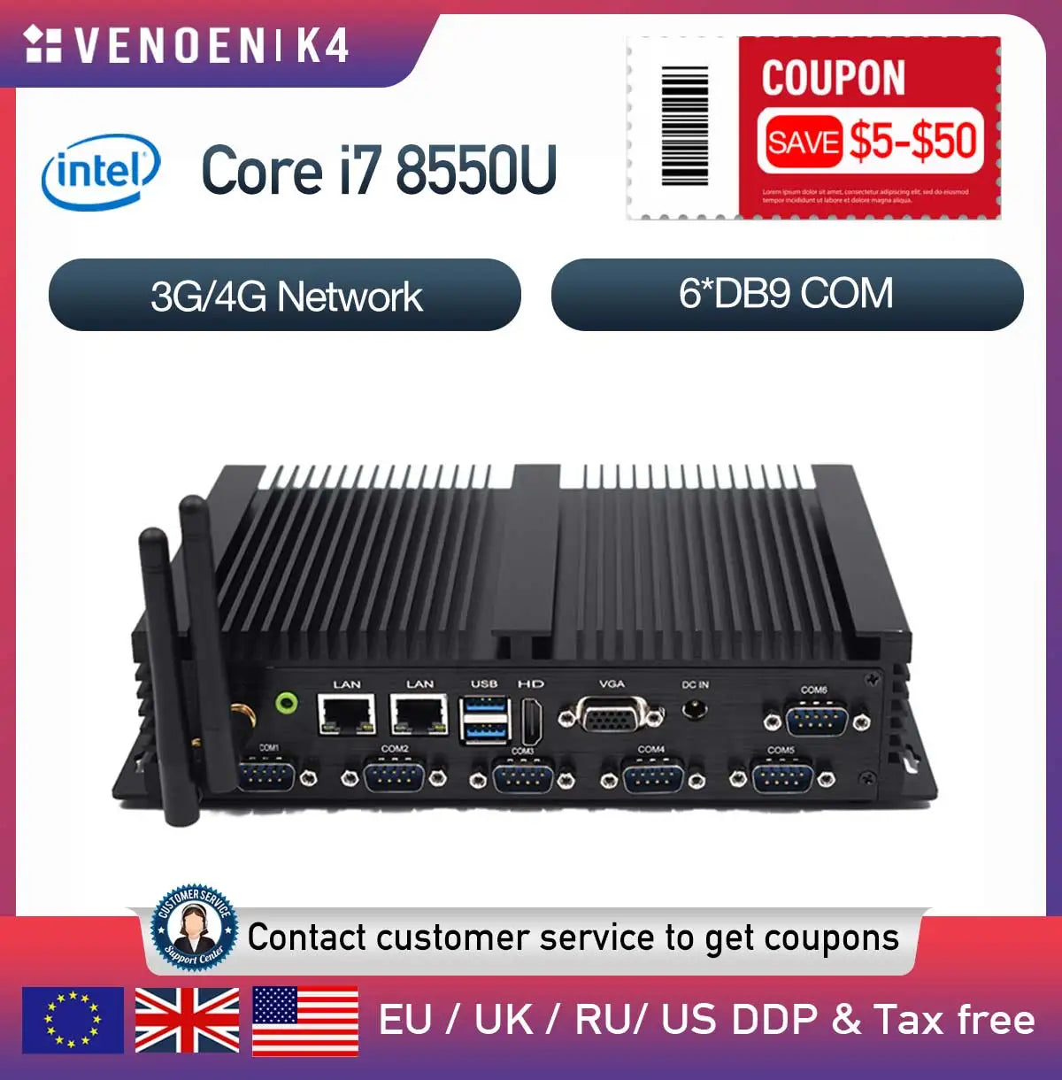 8th gen Intel Core i7-8550U i5-8250U Fanless Mini PC HDMI VGA RS232 COM Windows 10 Pro Industrial Rugged ITX Mute Computer 4G