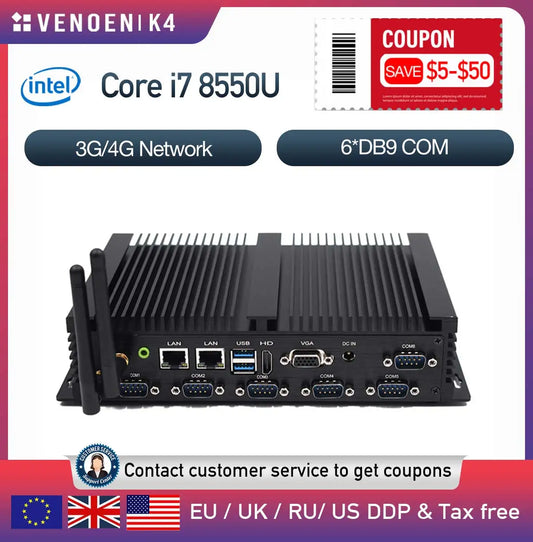 8th gen Intel Core i7-8550U i5-8250U Fanless Mini PC HDMI VGA RS232 COM Windows 10 Pro Industrial Rugged ITX Mute Computer 4G