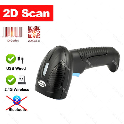 1D/2D Wired QR Code Reader or Wireless Bluetooth Handheld Barcode Scanner Portable Bar Scanner 2d Reader for PDF417 Data Matrix