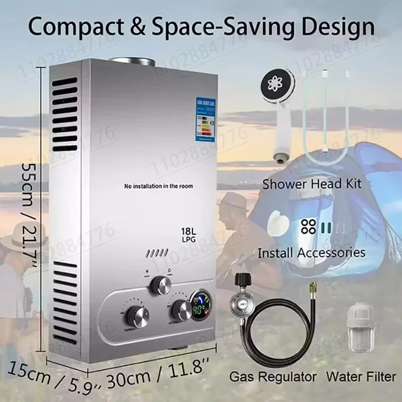 DIVEDEER 8L/12L/16L/18L Domestic Portable Vertical Water HeaterWall Mounted LPG Water HeaterDigital DisplayFast Heating