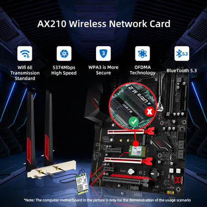 WiFi 6 Card AX210 Bluetooth 5.3  5374Mbps Adapter 2 In 1 Desktop Kit 10DBi Antennas 802.11ax 2.4G/5Ghz/6Ghz For Win 10/11