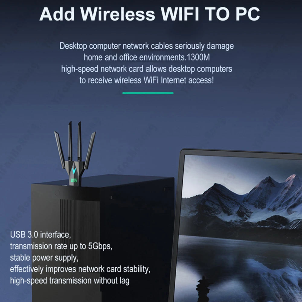 Dual Band 1300Mbps / 600M WiFi USB Adapter 2.4G/5Ghz Wi-Fi Dongle 802.11AC 4-Antenna Wireless Receiver For PC/Laptop Driver Free