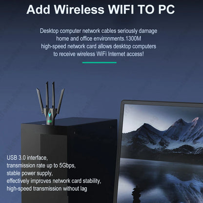 Dual Band 1300Mbps / 600M WiFi USB Adapter 2.4G/5Ghz Wi-Fi Dongle 802.11AC 4-Antenna Wireless Receiver For PC/Laptop Driver Free