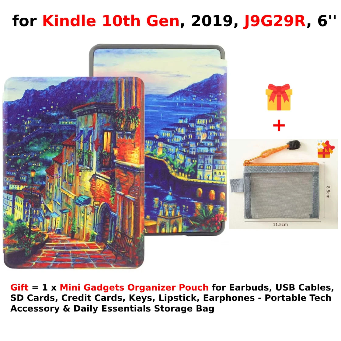 For Kindle 10th Generation Case + Mini Gadgets Organizer Pouch 6'' J9G29R 2019 Leather Cover Auto Wake/Sleep Kindle Skin Funda