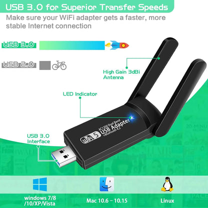 USB 3.0 WiFi Adapter 1300Mbps For Bluetooth 4.2 Dual Band 2.4G/5GHz USB Network Card Wireless Receiver For Desktop Laptop