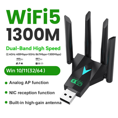 Dual Band 1300Mbps / 600M WiFi USB Adapter 2.4G/5Ghz Wi-Fi Dongle 802.11AC 4-Antenna Wireless Receiver For PC/Laptop Driver Free