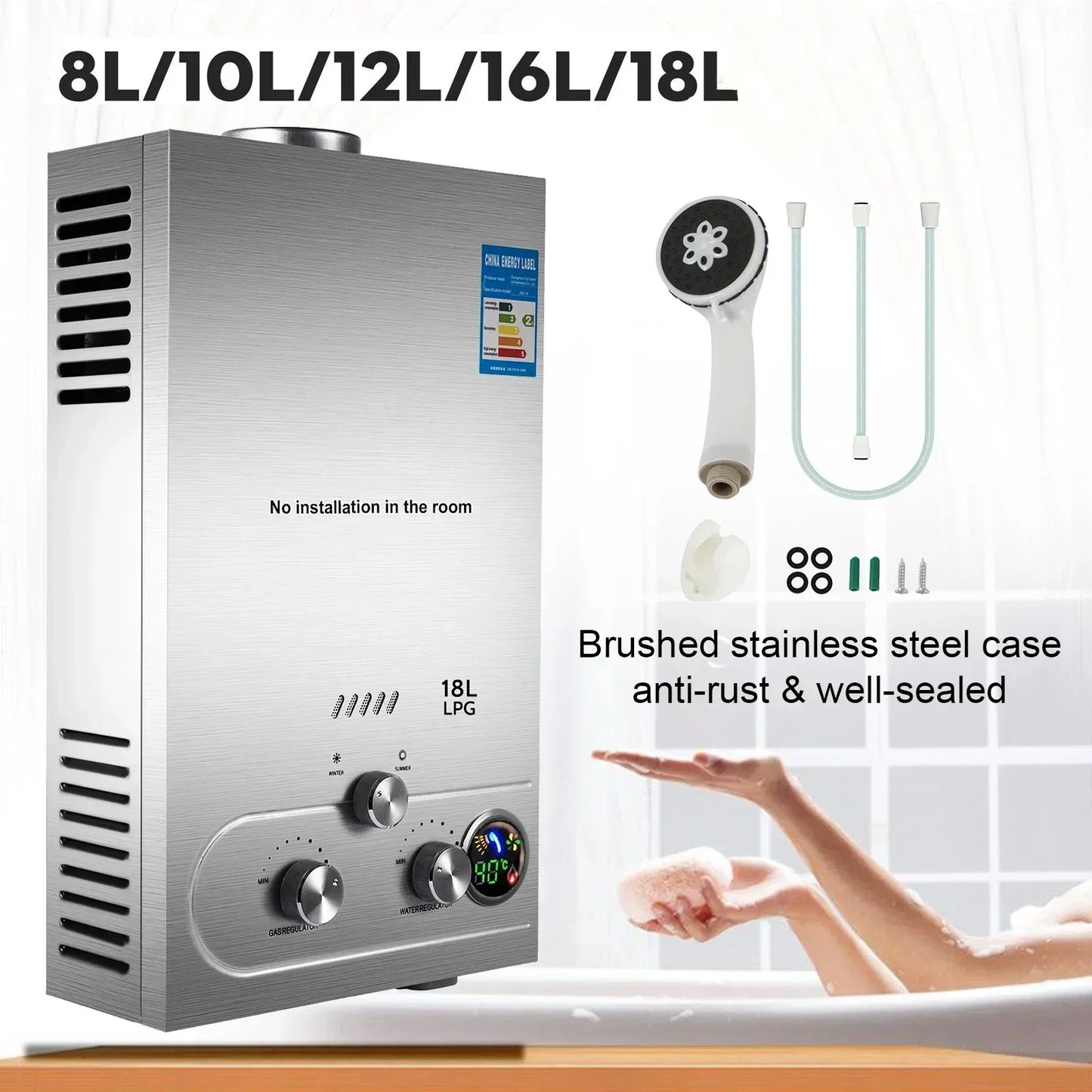 SIHAO LPG Water Heater 6L 8L 10L 12L 16L 18L LPG Liquefied Petroleum Gas Propane Butane Water Heater Stainless Steel Boiler Kit