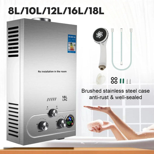 SIHAO LPG Water Heater 6L 8L 10L 12L 16L 18L LPG Liquefied Petroleum Gas Propane Butane Water Heater Stainless Steel Boiler Kit