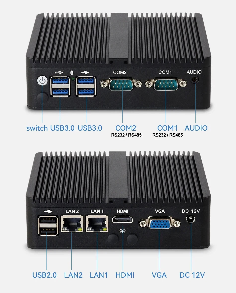 XCY Fanless Mini PC Intel Celeron J6412 N5095 2x GbE LAN 2x RS232 HDMI VGA WiFi 4G LTE Windows 10 Linux Industrial Computer