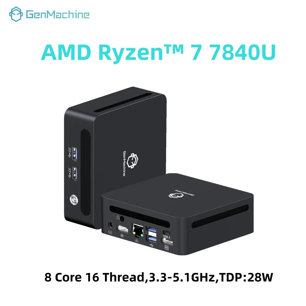GenMachine AMD Ryzen 7 7840U Mini PC 5.1GHz 28W 8 Core 16 Thread Windows 11 DDR5 24G 6400Mhz 2.5G LAN USB4 WIFI6 Mini Pc Gaming