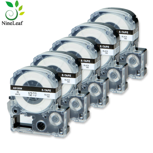 5PK Compatible for Epson 12mm x 8m AS12KW Standard Labels Black on White For LW-400 LW-300 LW-700  LW600P K200BL Label Printer