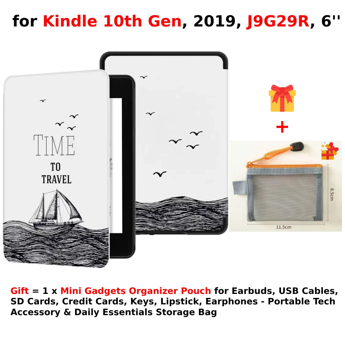 For Kindle 10th Generation Case + Mini Gadgets Organizer Pouch 6'' J9G29R 2019 Leather Cover Auto Wake/Sleep Kindle Skin Funda