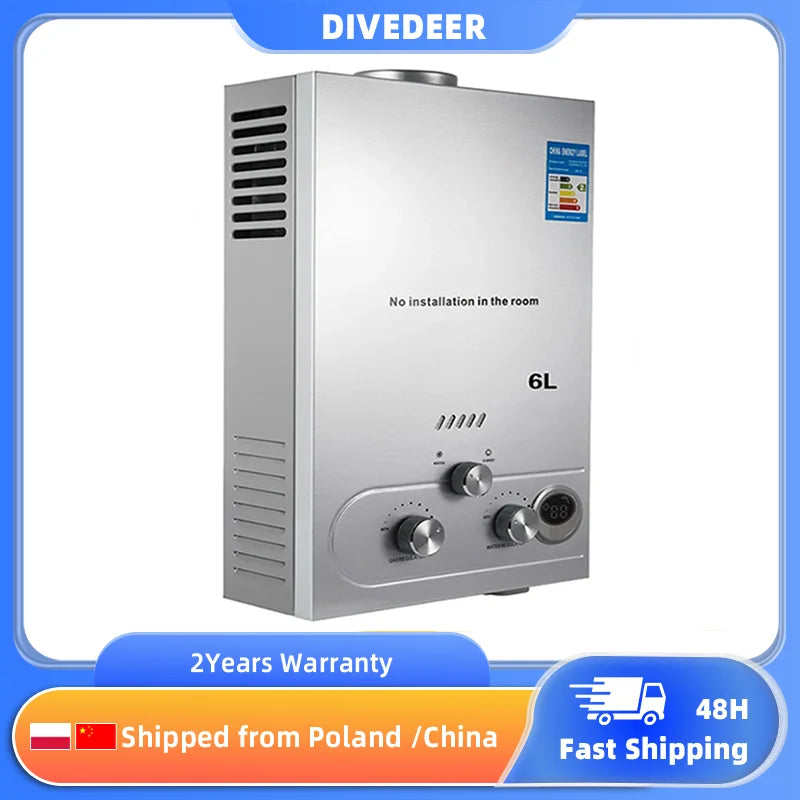 DIVEDEER 8L/12L/16L/18L Domestic Portable Vertical Water HeaterWall Mounted LPG Water HeaterDigital DisplayFast Heating