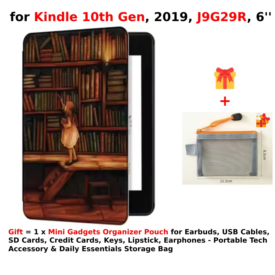 For Kindle 10th Generation Case + Mini Gadgets Organizer Pouch 6'' J9G29R 2019 Leather Cover Auto Wake/Sleep Kindle Skin Funda