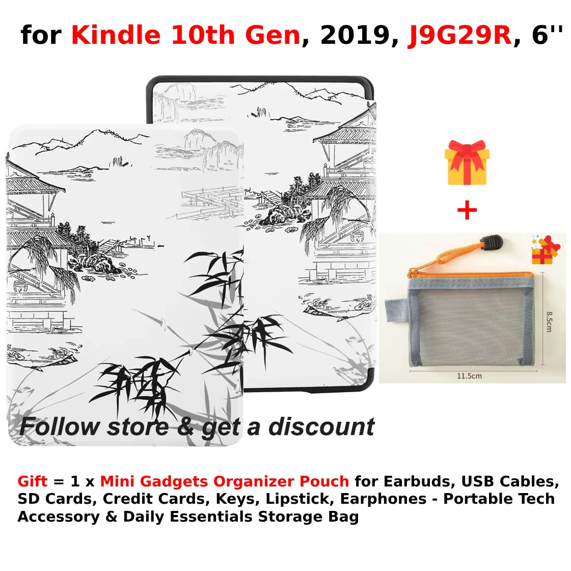 For Kindle 10th Generation Case + Mini Gadgets Organizer Pouch 6'' J9G29R 2019 Leather Cover Auto Wake/Sleep Kindle Skin Funda