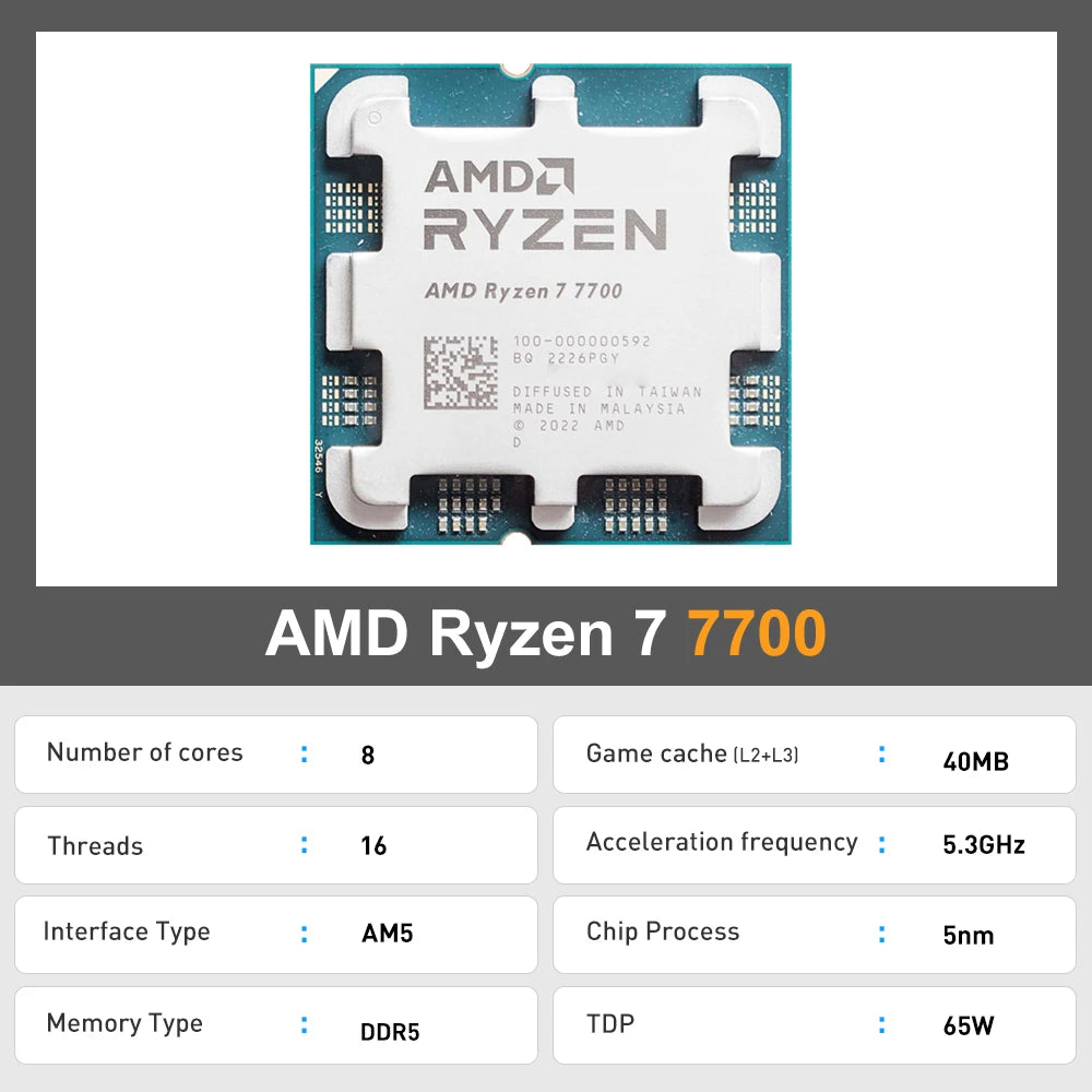 AMD Ryzen 7 7700 R7 7700 CPU 8-Core 16-Thread 5.3GHz Unlocked Desktop Processor Socket AM5 Gaming CPU Without Package