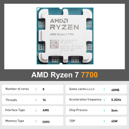 AMD Ryzen 7 7700 R7 7700 CPU 8-Core 16-Thread 5.3GHz Unlocked Desktop Processor Socket AM5 Gaming CPU Without Package