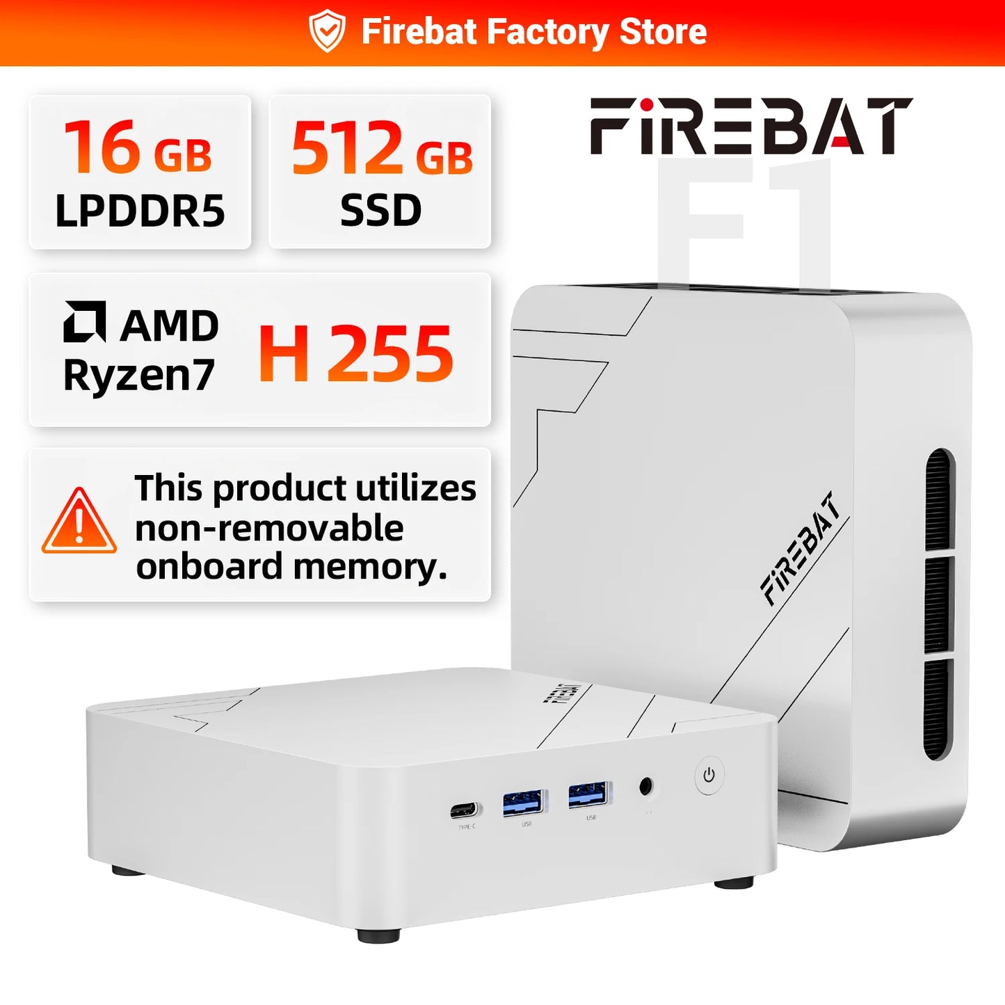 FIREBAT F1 MINI PC AMD Ryzen 7 H255 LPDDR5 16GB RAM 512GB SSD WIFI6 BT5.2 Portable Desktop MINI-PC Windows 11 Desktop Computer
