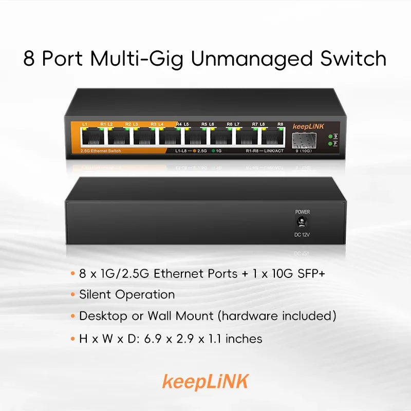 KeepLiNK 9-Port Multi-Gigabit Ethernet Switch Unmanaged 8- Port 2.5G RJ45 1-Port 10G SFP+ Uplink for Network Expansion