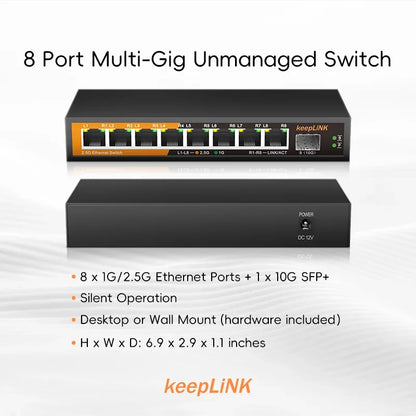 KeepLiNK 9-Port Multi-Gigabit Ethernet Switch Unmanaged 8- Port 2.5G RJ45 1-Port 10G SFP+ Uplink for Network Expansion
