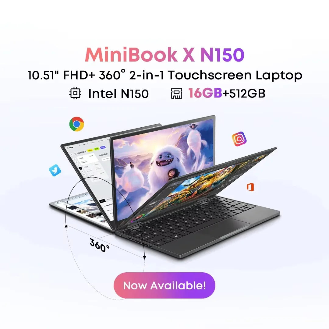CHUWI MiniBook X Touch Screen Tablet Laptop 2-in-1 Intel N150 16GB LPDDR5 512G SSD  10.51'' 2K FHD Notebook WiFi6 Windows 11
