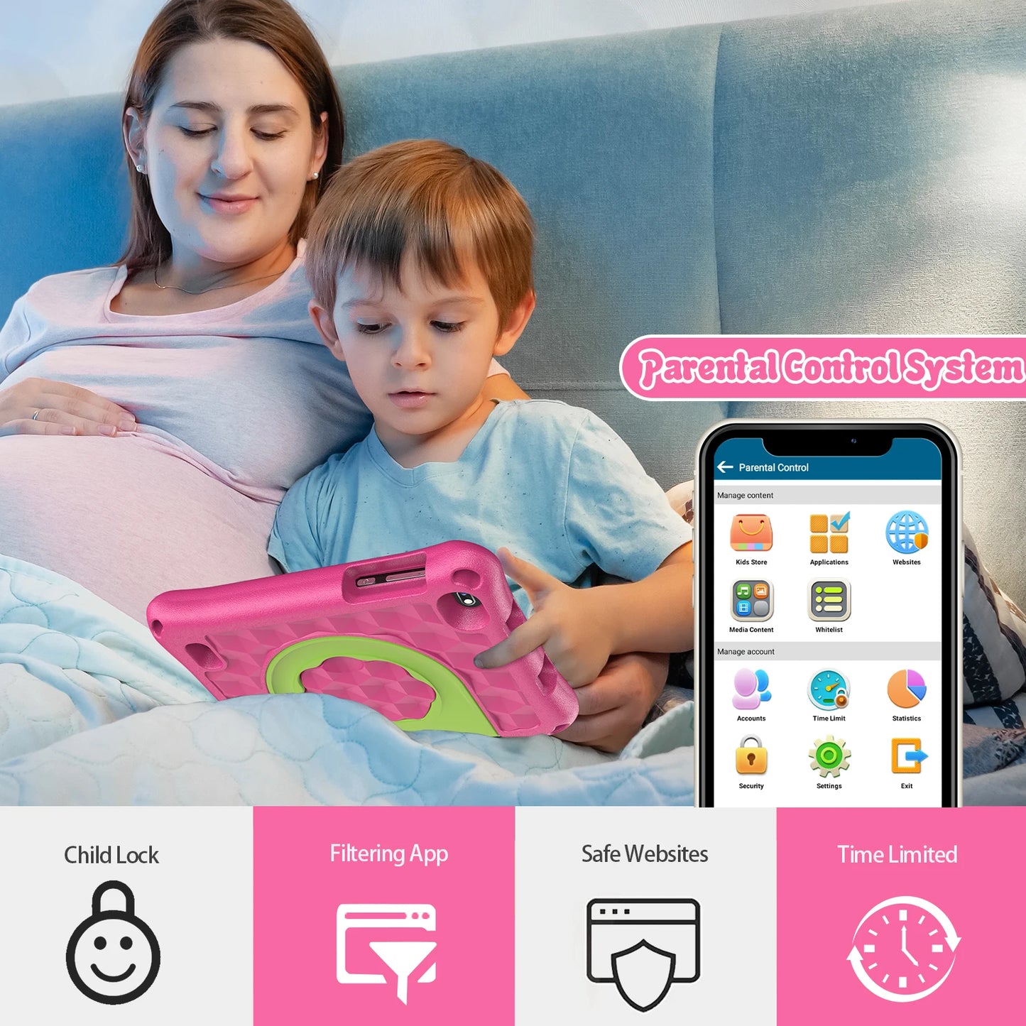 Kids Tablet 7 Inch tablet for toddlers, Android OS with 2 GB RAM and 32 GB storage, with WiFi, dual camera, child safety mode