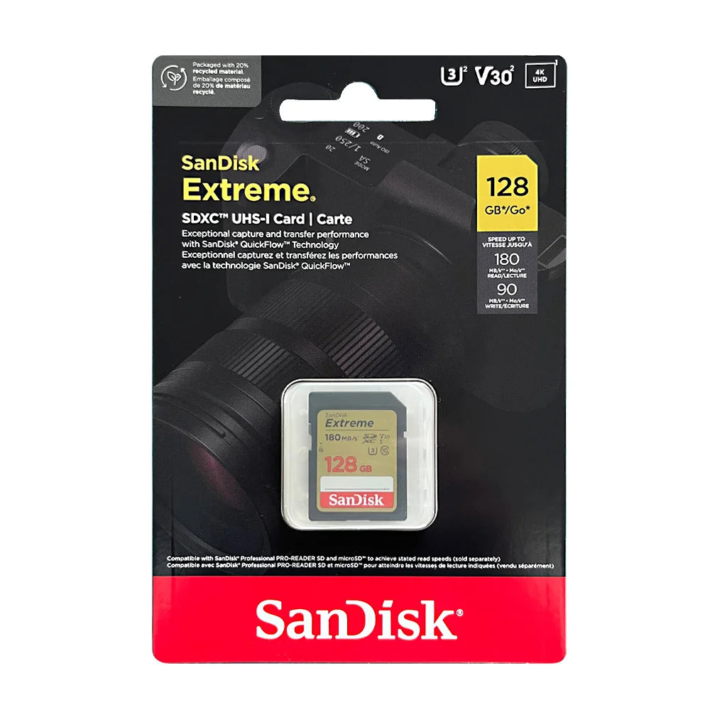 SanDisk Memory Card Extreme SD Card 4K UHD 32GB SDHC 64GB 128GB 256GB SDXC C10 U3 V30 up to 180M/s For 1080p 3D Full HD Camera
