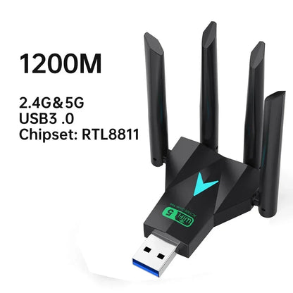 1200Mbps WiFi USB Adapter 2.4G+5Ghz Wi-Fi Dongle 4 Antenna 802.11AC USB3.0 High-Speed Wireless Card Receiver PC/Laptop