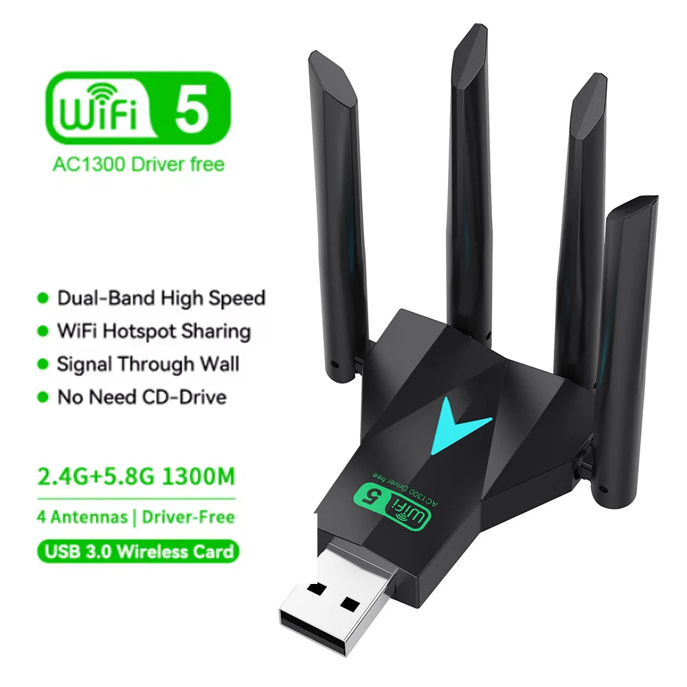 Dual Band 1300Mbps / 600M WiFi USB Adapter 2.4G/5Ghz Wi-Fi Dongle 802.11AC 4-Antenna Wireless Receiver For PC/Laptop Driver Free
