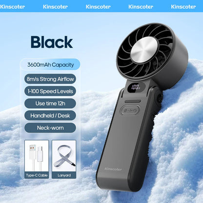 Kinscoter New Cooling Handheld Fan 3600mAh Foldable Portable Fan 100-Level Free Control High Speed Mini Personal Fan With Lanyar