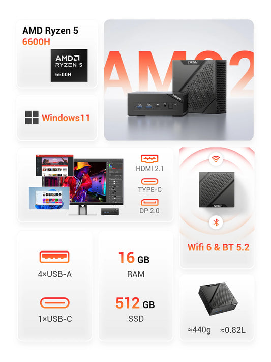 FIREBAT AM02 MINI PC AMD Ryzen 5 6600H LPDDR5 16GB RAM 512GB SSD WIFI6 BT5.2 Dual RJ45 Portable Desktop MINI-PC Computer