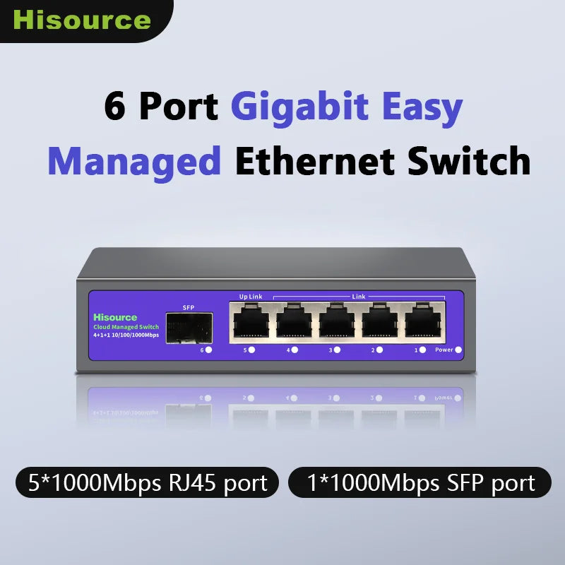 Hisource Full Giga Lite Cloud Managed Web Managed Switch RJ45 Ports with 1 SFP Network Switch for Small Office Home Network