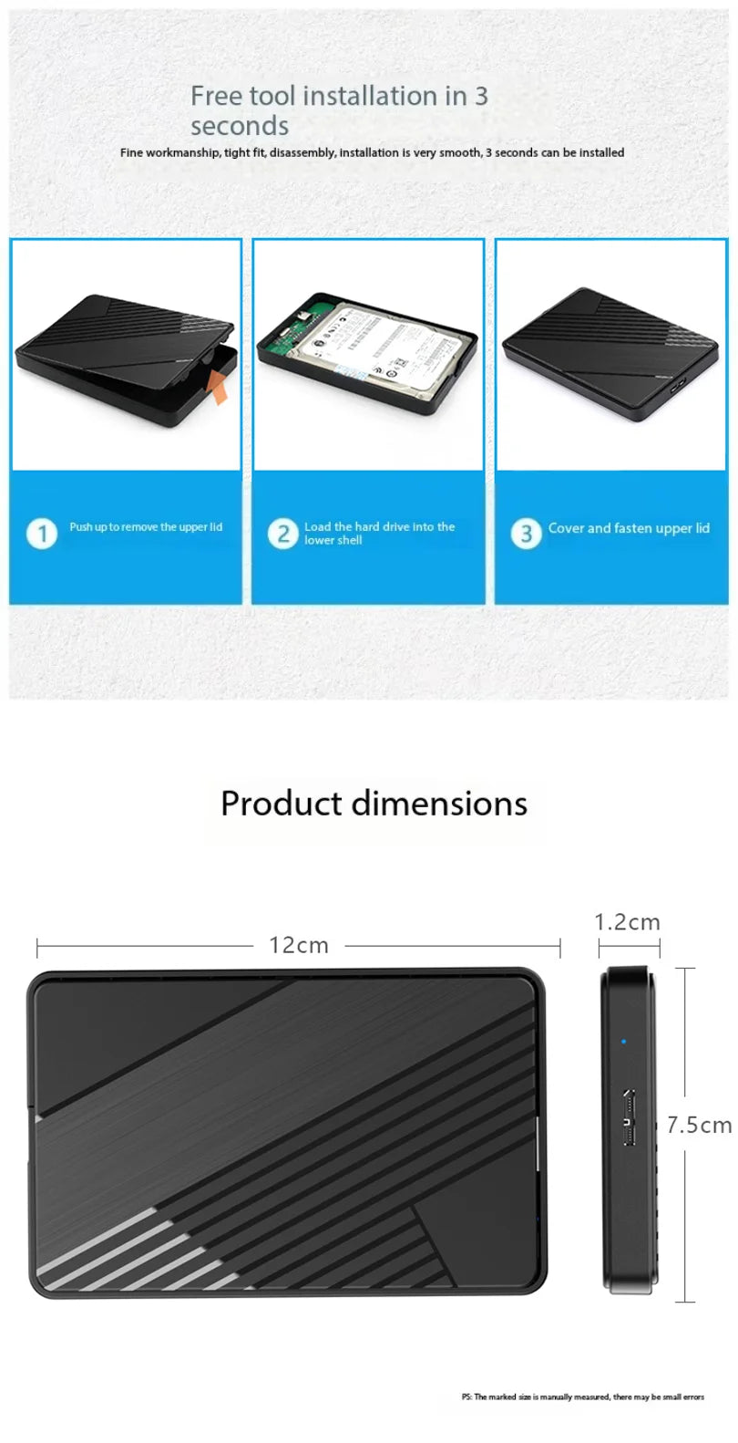 2.5 inch SATA to USB 3.0 External Hard Drive Enclosure Tool-Free 5Gbps SSD HDD Case Mobile Disk Box Support 6TB Laptop PC