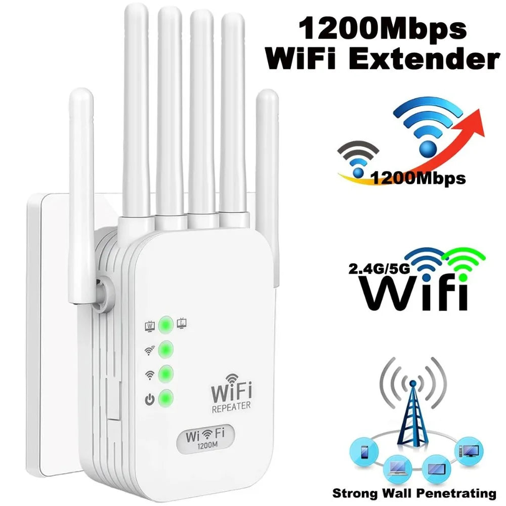 WiFi Extender 6Antennas Strong Signal, 1200Mbps Dual Band 2.4G-5G Wifi Booster, for AI Connectivity,VR Areas Signal Booster